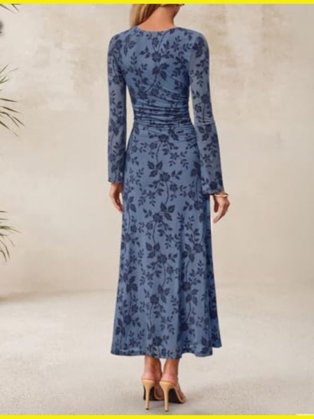 Long Sleeve Floral Bodycon Maxi Dress Ruched Mesh Wedding Guest Cocktail - Picture 4 of 7
